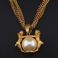 Vintage Cherub Faux Pearl Pendant Necklace – Matte Antiqued Gold Tone – 19 Inch