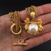 Vintage Cherub Faux Pearl Pendant Necklace – Matte Antiqued Gold Tone – 19 Inch