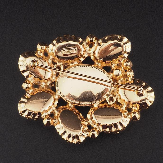 Rare Vintage Josane Art Glass Rose Brooch Pink Green Rhinestone Floral Brooch UV Reactive Glass Costume Jewelry