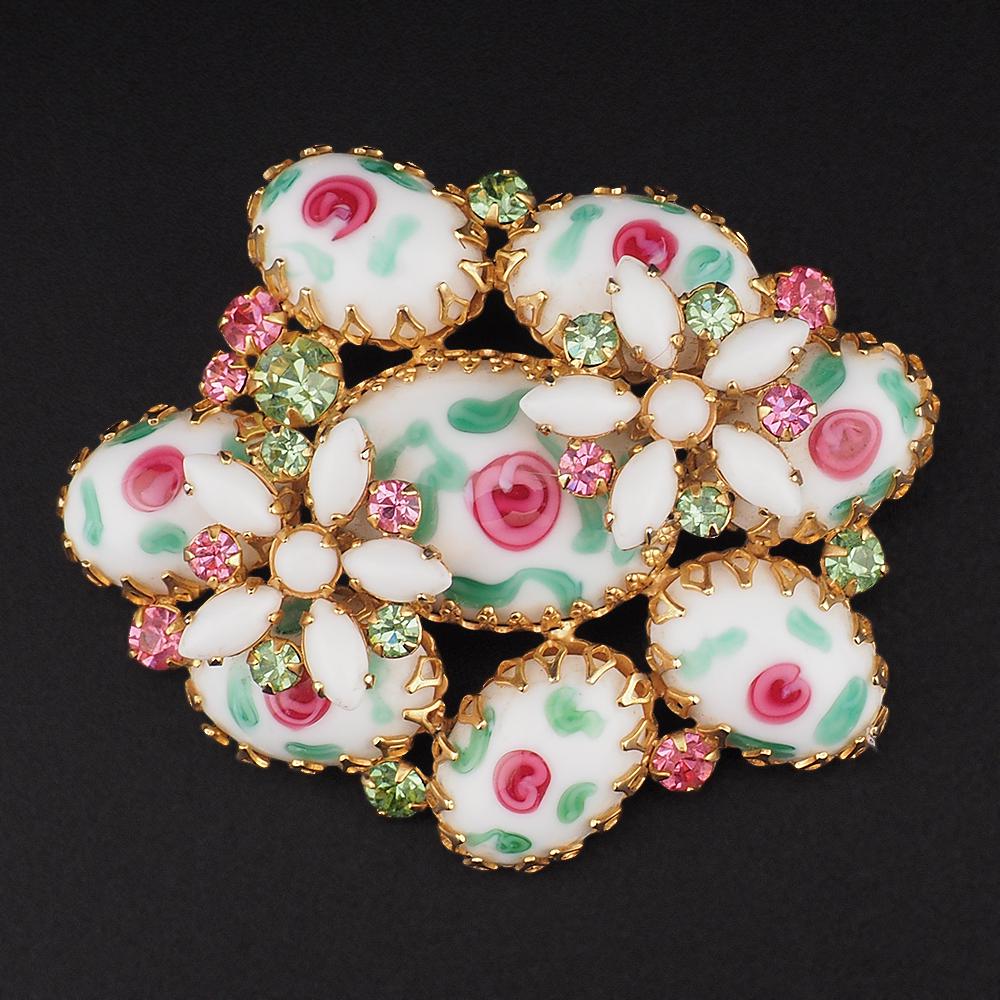 Rare Vintage Josane Art Glass Rose Brooch Pink Green Rhinestone Floral Brooch UV Reactive Glass Costume Jewelry
