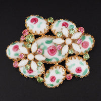 Rare Vintage Josane Art Glass Rose Brooch Pink Green Rhinestone Floral Brooch UV Reactive Glass Costume Jewelry