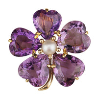 Vintage 14K Gold Amethyst Pearl Clover Brooch Pendant Heart Cut Amethyst Convertible Fine Jewelry
