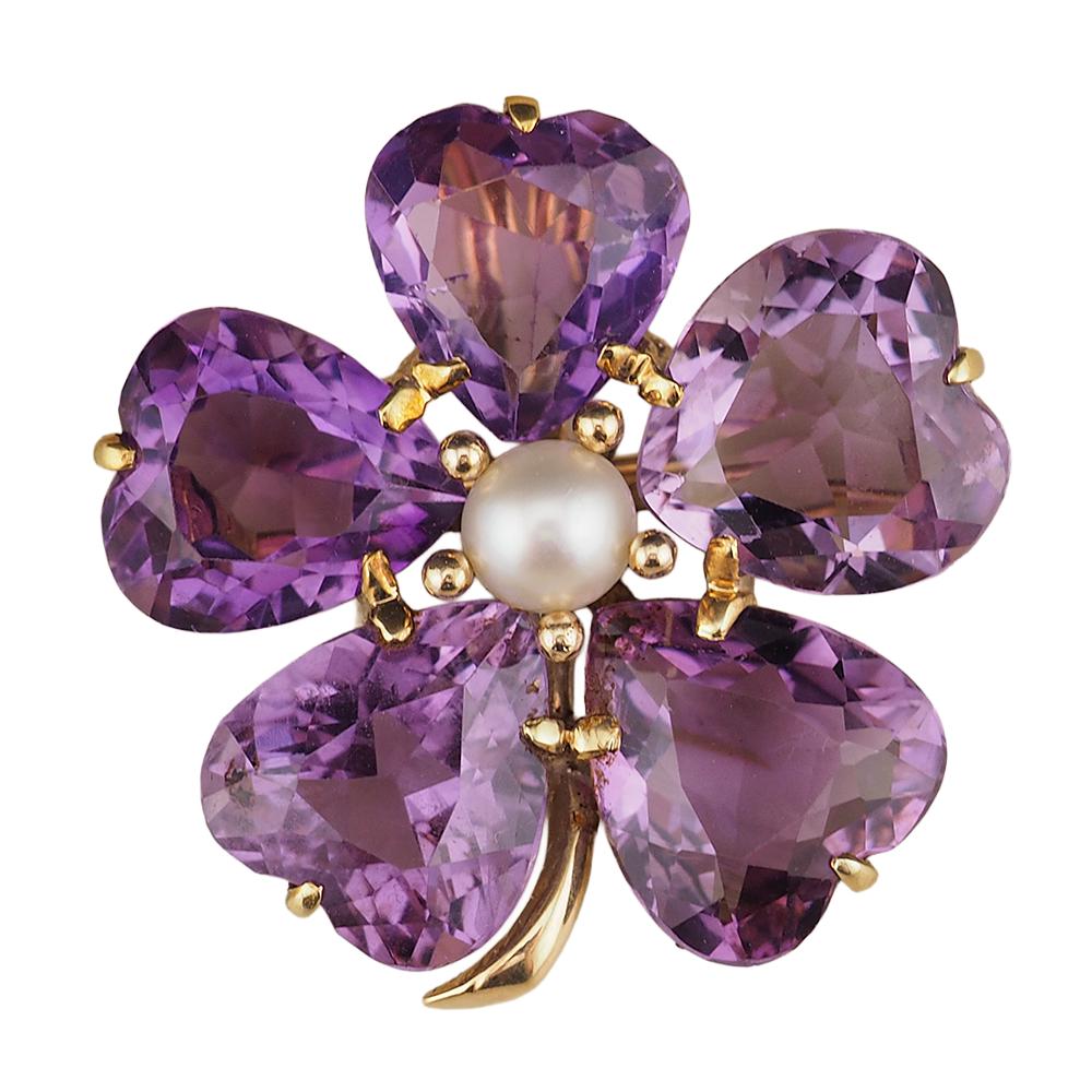 Vintage 14K Gold Amethyst Pearl Clover Brooch Pendant Heart Cut Amethyst Convertible Fine Jewelry