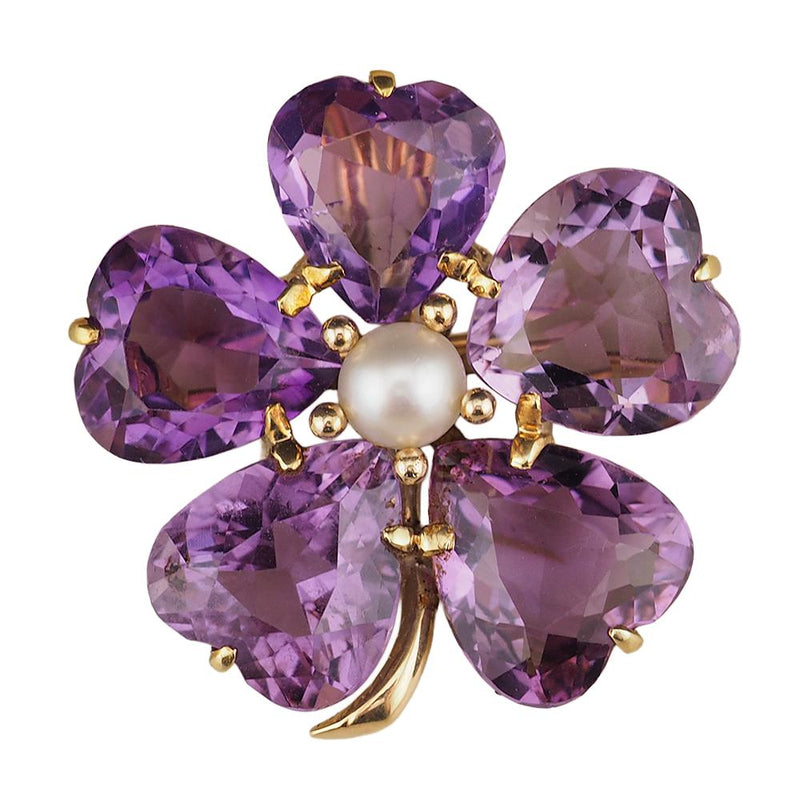 Vintage 14K Gold Amethyst Pearl Clover Brooch Pendant Heart Cut Amethyst Convertible Fine Jewelry