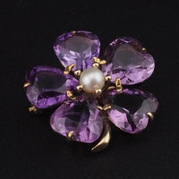 Vintage 14K Gold Amethyst Pearl Clover Brooch Pendant Heart Cut Amethyst Convertible Fine Jewelry