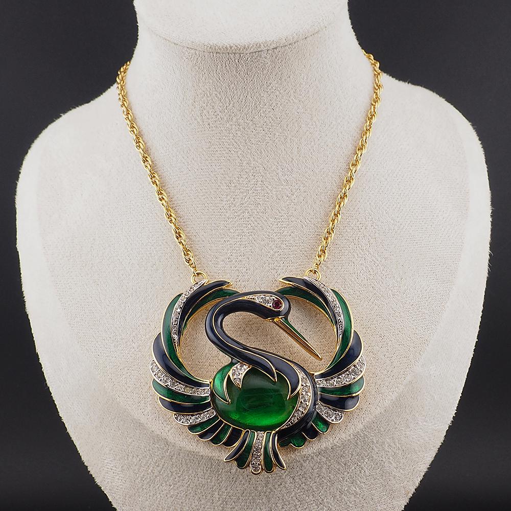 Rare Vintage D’Orlan Swan Bird Pendant Necklace, Enamel Rhinestone Statement Necklace, Figural Jewelry