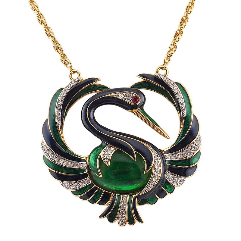 Rare Vintage D’Orlan Swan Bird Pendant Necklace, Enamel Rhinestone Statement Necklace, Figural Jewelry
