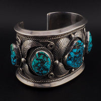 Vintage Navajo Sterling Silver Turquoise Cuff Bracelet Signed FF Massive 195g Three Stone Statement Cuff