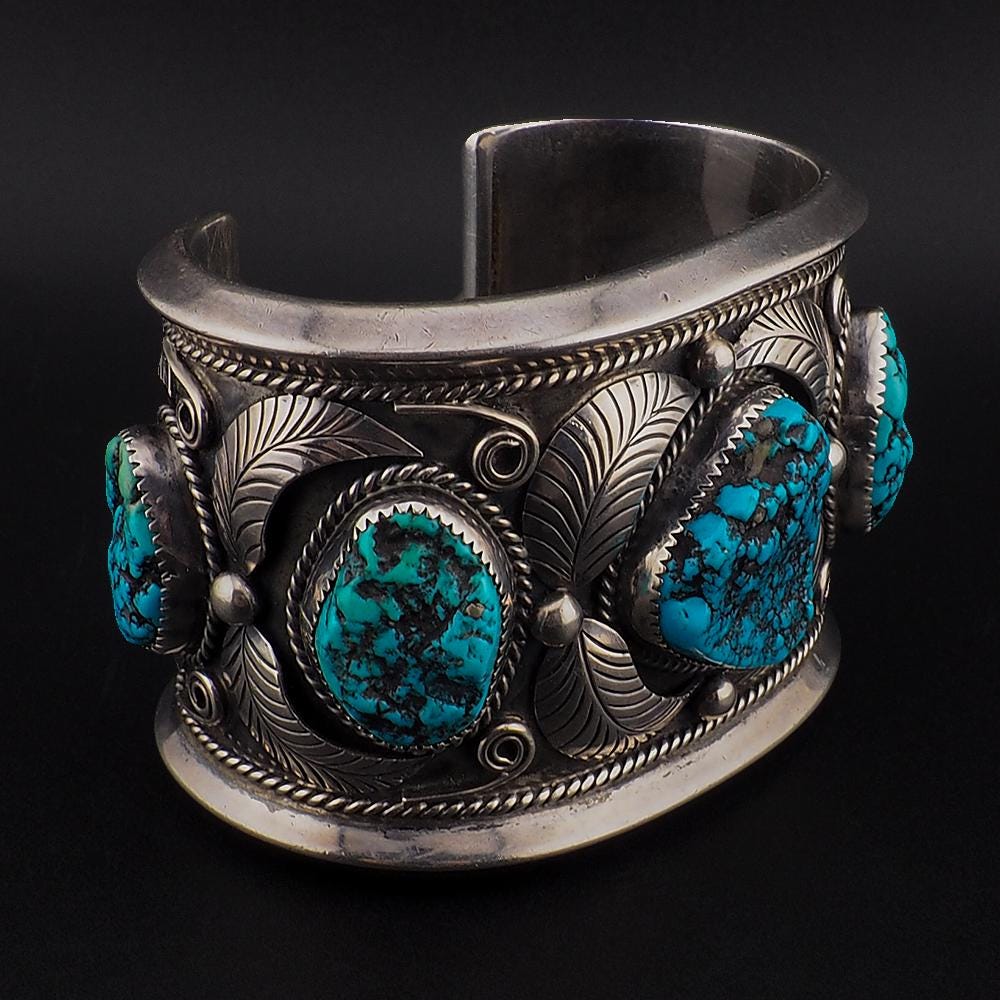 Vintage Navajo Sterling Silver Turquoise Cuff Bracelet Signed FF Massive 195g Three Stone Statement Cuff
