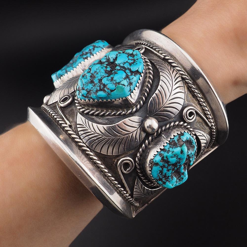 Vintage Navajo Sterling Silver Turquoise Cuff Bracelet Signed FF Massive 195g Three Stone Statement Cuff