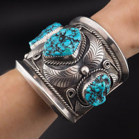 Vintage Navajo Sterling Silver Turquoise Cuff Bracelet Signed FF Massive 195g Three Stone Statement Cuff