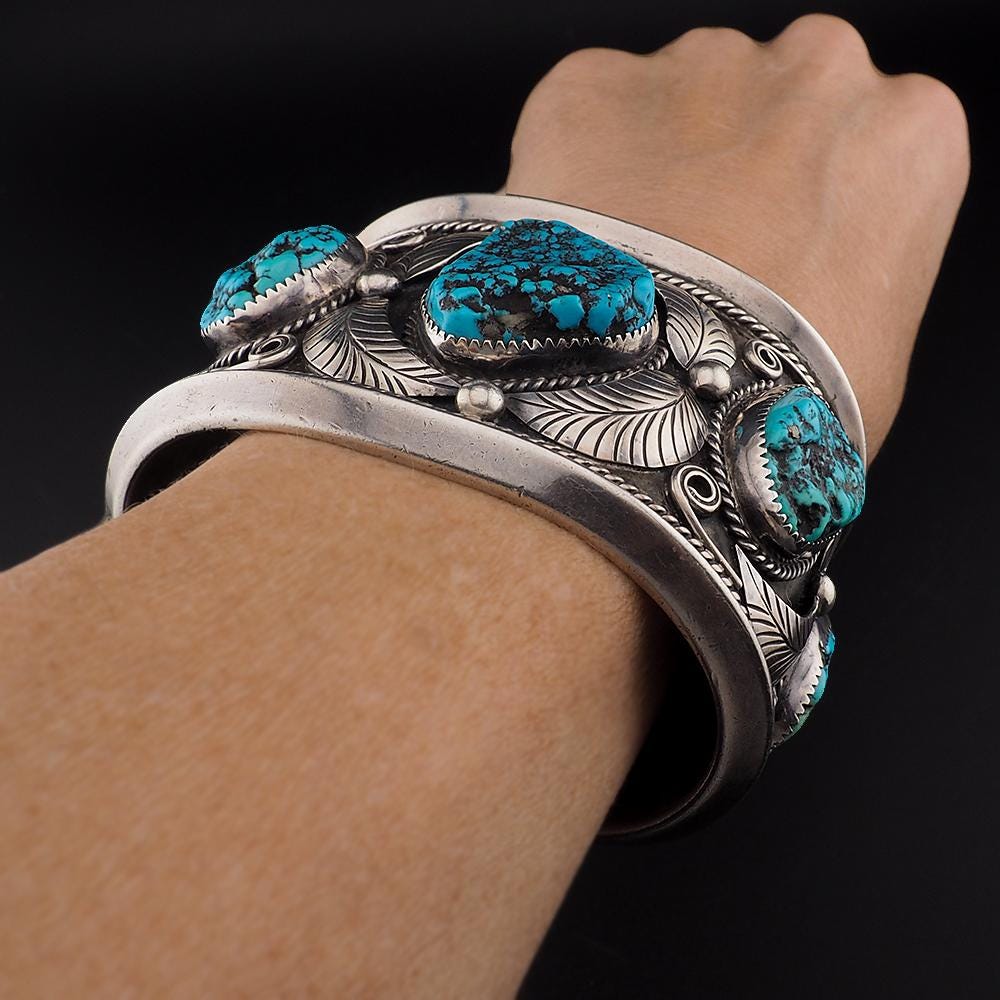 Vintage Navajo Sterling Silver Turquoise Cuff Bracelet Signed FF Massive 195g Three Stone Statement Cuff