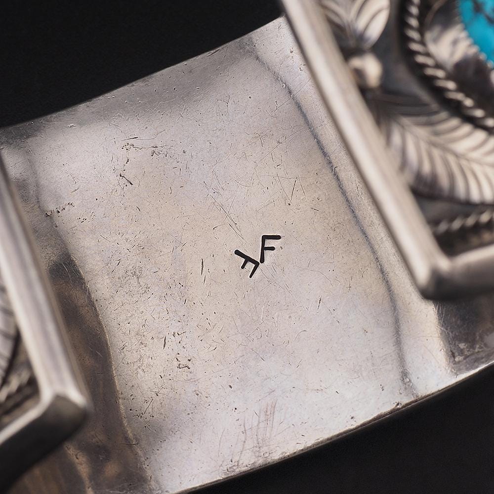 Vintage Navajo Sterling Silver Turquoise Cuff Bracelet Signed FF Massive 195g Three Stone Statement Cuff