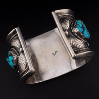 Vintage Navajo Sterling Silver Turquoise Cuff Bracelet Signed FF Massive 195g Three Stone Statement Cuff