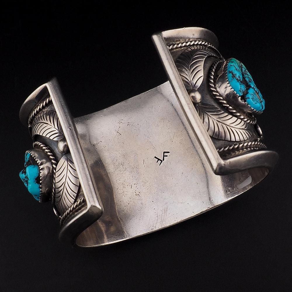 Vintage Navajo Sterling Silver Turquoise Cuff Bracelet Signed FF Massive 195g Three Stone Statement Cuff