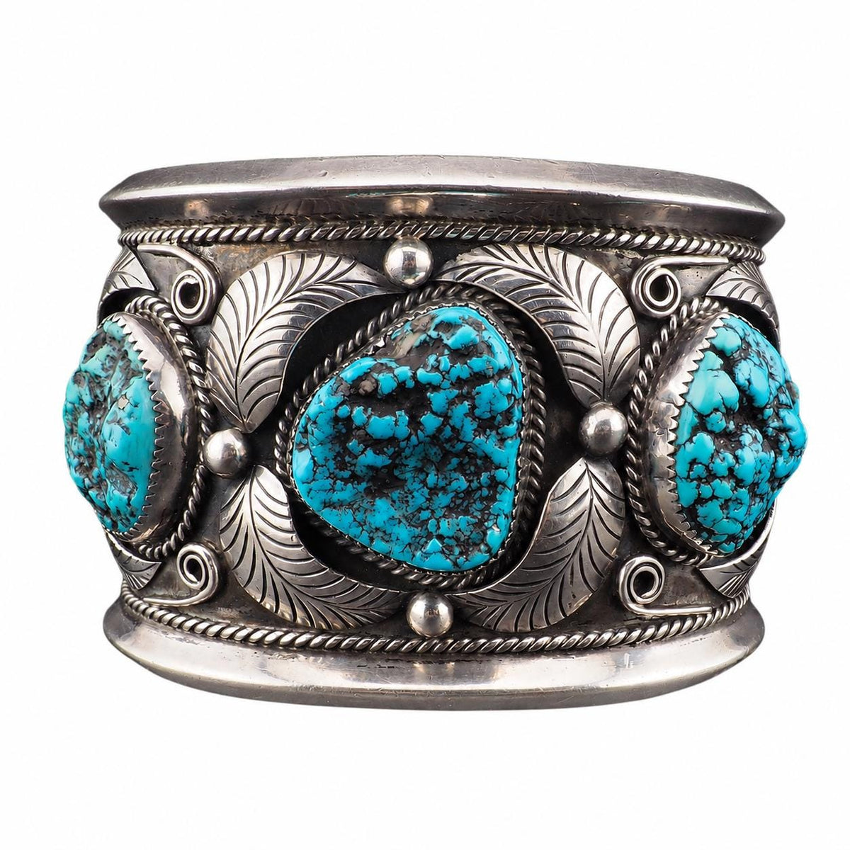 Vintage Navajo Sterling Silver Turquoise Cuff Bracelet Signed FF Massive 195g Three Stone Statement Cuff