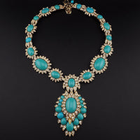 Rare Vintage Joan Rivers Faux Turquoise Rhinestone Mughal Style Statement Necklace Signed Gold Tone Designer Jewelry