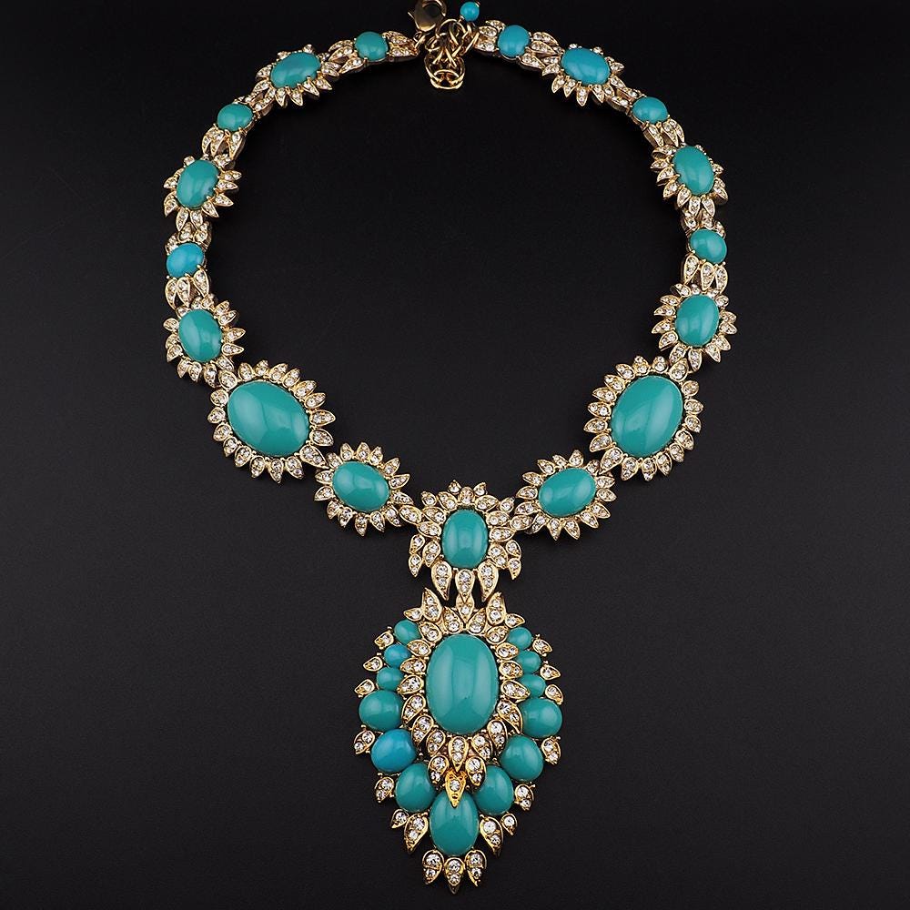 Rare Vintage Joan Rivers Faux Turquoise Rhinestone Mughal Style Statement Necklace Signed Gold Tone Designer Jewelry