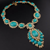 Rare Vintage Joan Rivers Faux Turquoise Rhinestone Mughal Style Statement Necklace Signed Gold Tone Designer Jewelry