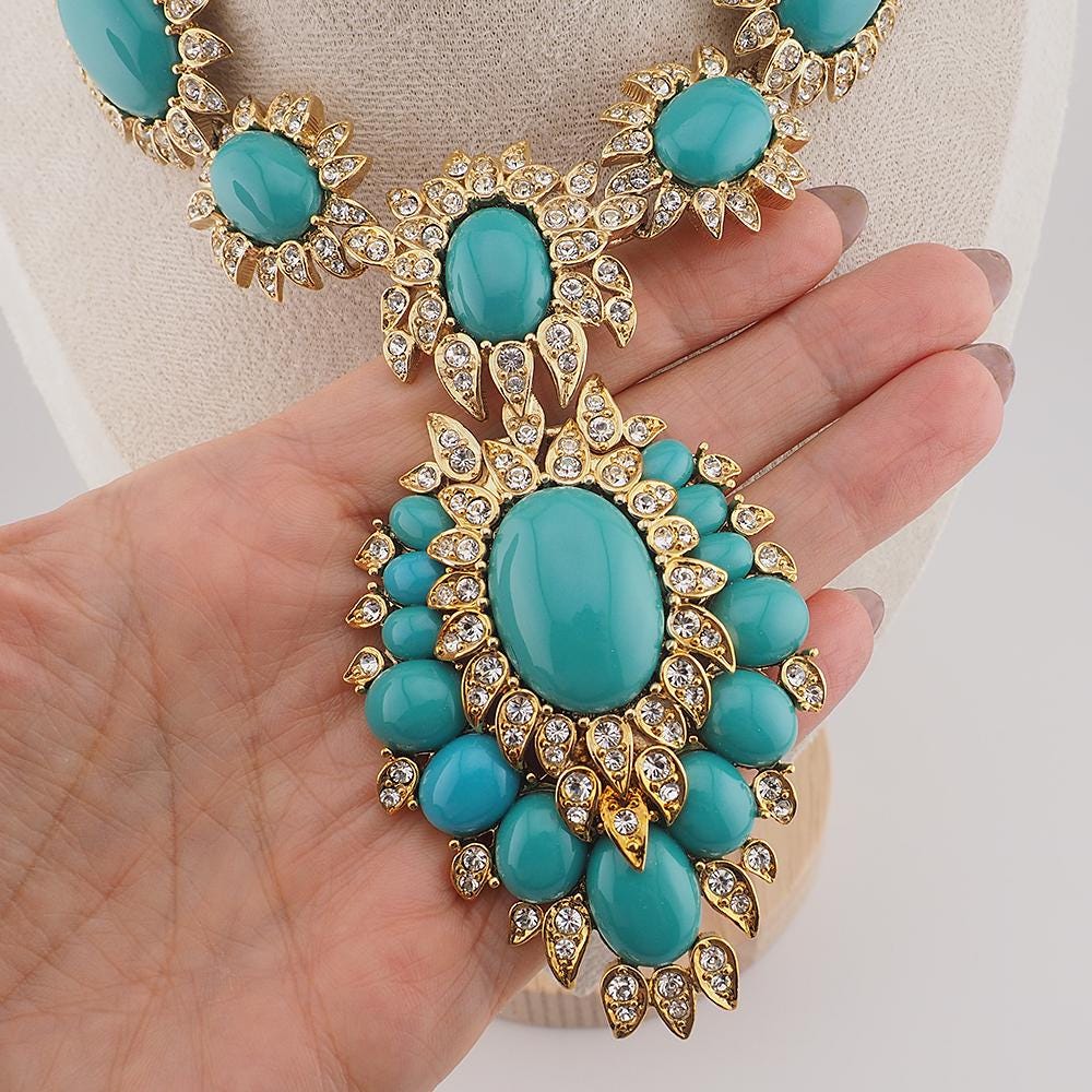 Rare Vintage Joan Rivers Faux Turquoise Rhinestone Mughal Style Statement Necklace Signed Gold Tone Designer Jewelry