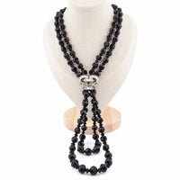 Vintage Boucher Black Glass Bead Necklace With Sparkling Rhinestone Centerpiece Multi Strand Designer Costume Jewelry