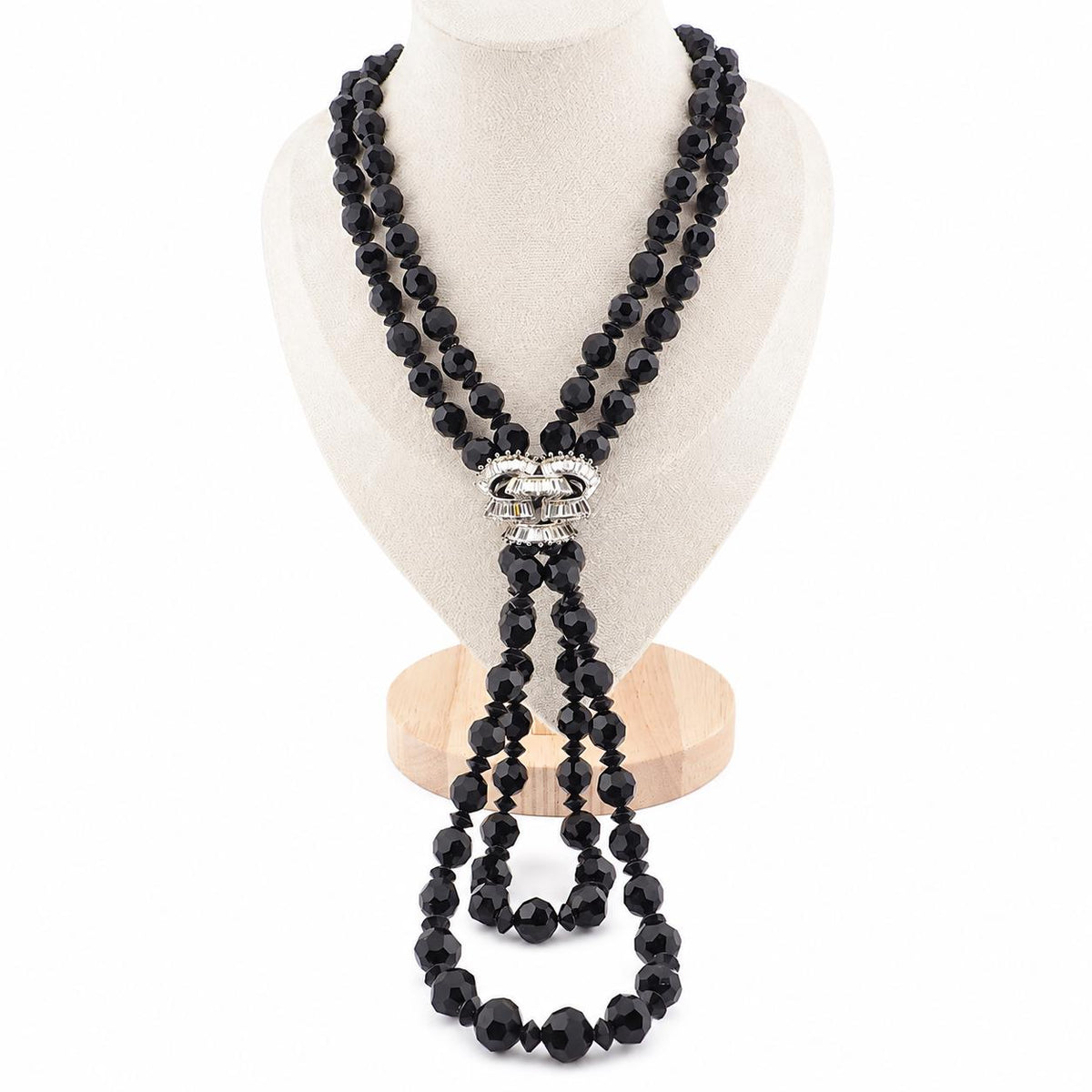 Vintage Boucher Black Glass Bead Necklace With Sparkling Rhinestone Centerpiece Multi Strand Designer Costume Jewelry