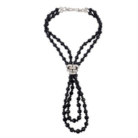 Vintage Boucher Black Glass Bead Necklace With Sparkling Rhinestone Centerpiece Multi Strand Designer Costume Jewelry