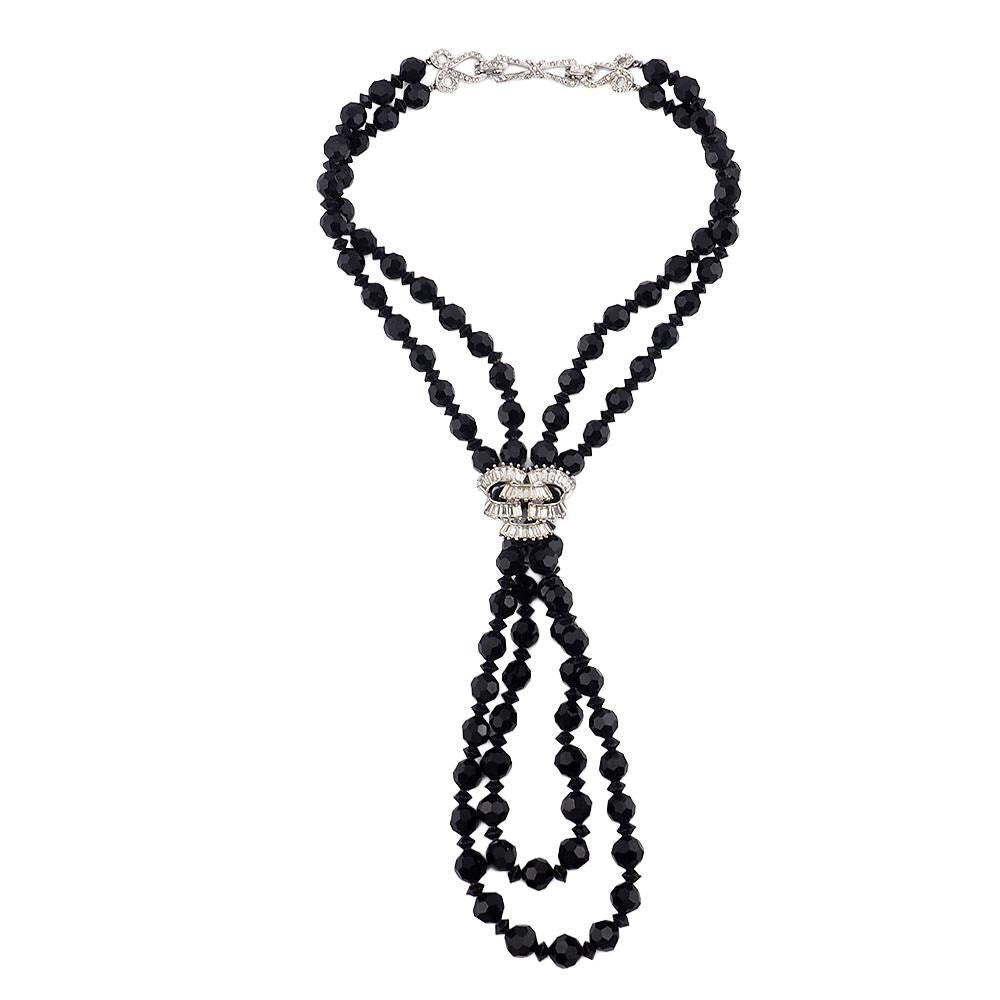 Vintage Boucher Black Glass Bead Necklace With Sparkling Rhinestone Centerpiece Multi Strand Designer Costume Jewelry