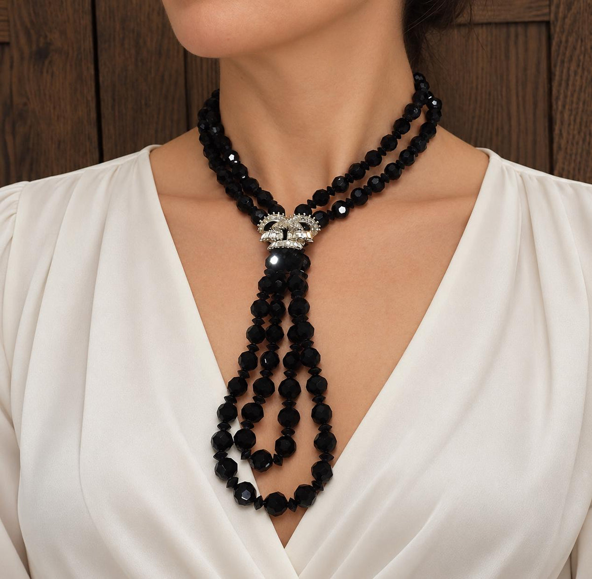 Vintage Boucher Black Glass Bead Necklace With Sparkling Rhinestone Centerpiece Multi Strand Designer Costume Jewelry