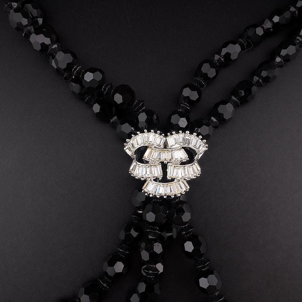 Vintage Boucher Black Glass Bead Necklace With Sparkling Rhinestone Centerpiece Multi Strand Designer Costume Jewelry