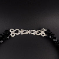 Vintage Boucher Black Glass Bead Necklace With Sparkling Rhinestone Centerpiece Multi Strand Designer Costume Jewelry