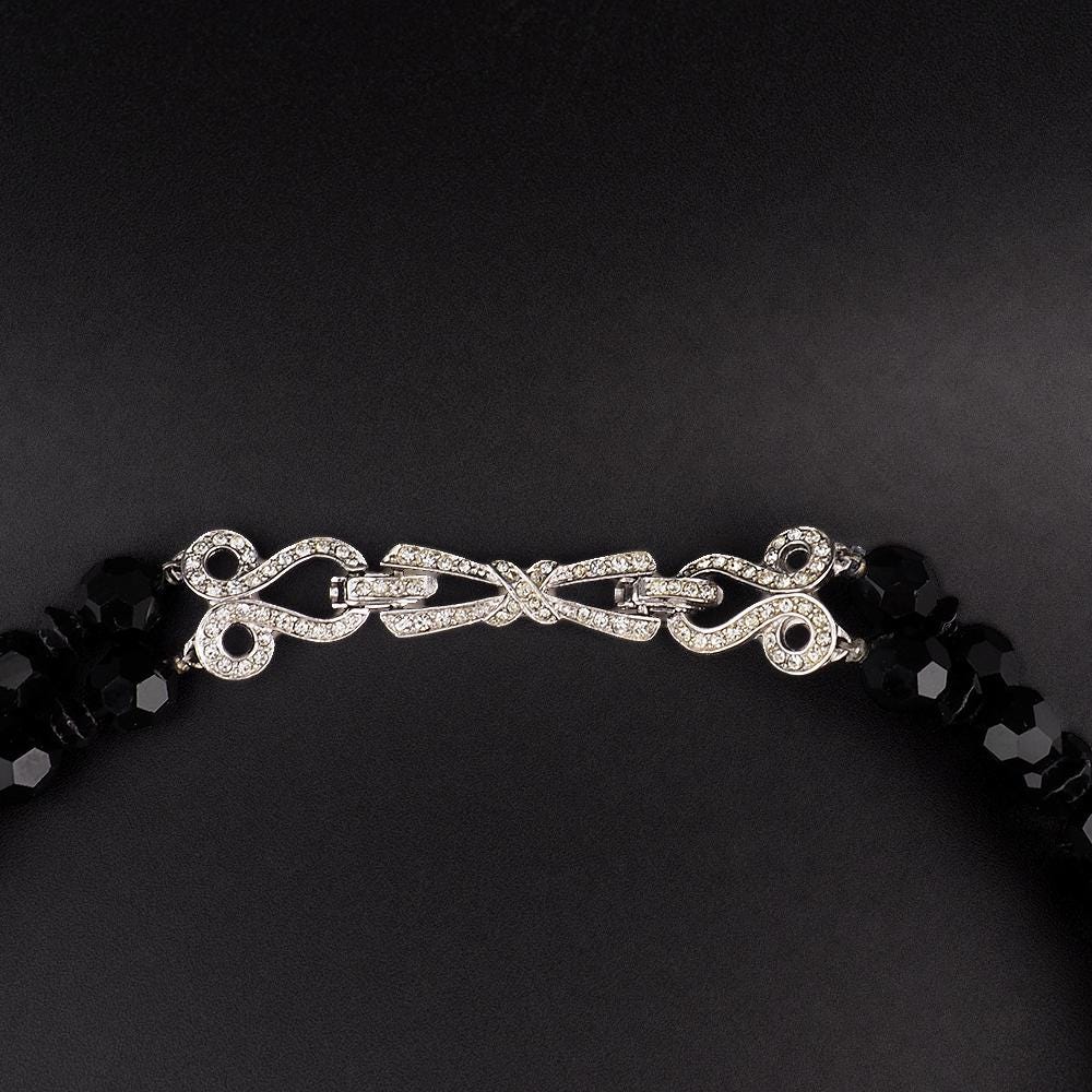 Vintage Boucher Black Glass Bead Necklace With Sparkling Rhinestone Centerpiece Multi Strand Designer Costume Jewelry