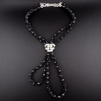 Vintage Boucher Black Glass Bead Necklace With Sparkling Rhinestone Centerpiece Multi Strand Designer Costume Jewelry