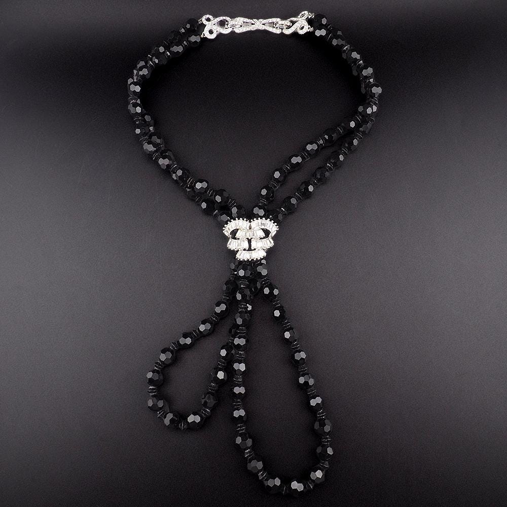 Vintage Boucher Black Glass Bead Necklace With Sparkling Rhinestone Centerpiece Multi Strand Designer Costume Jewelry