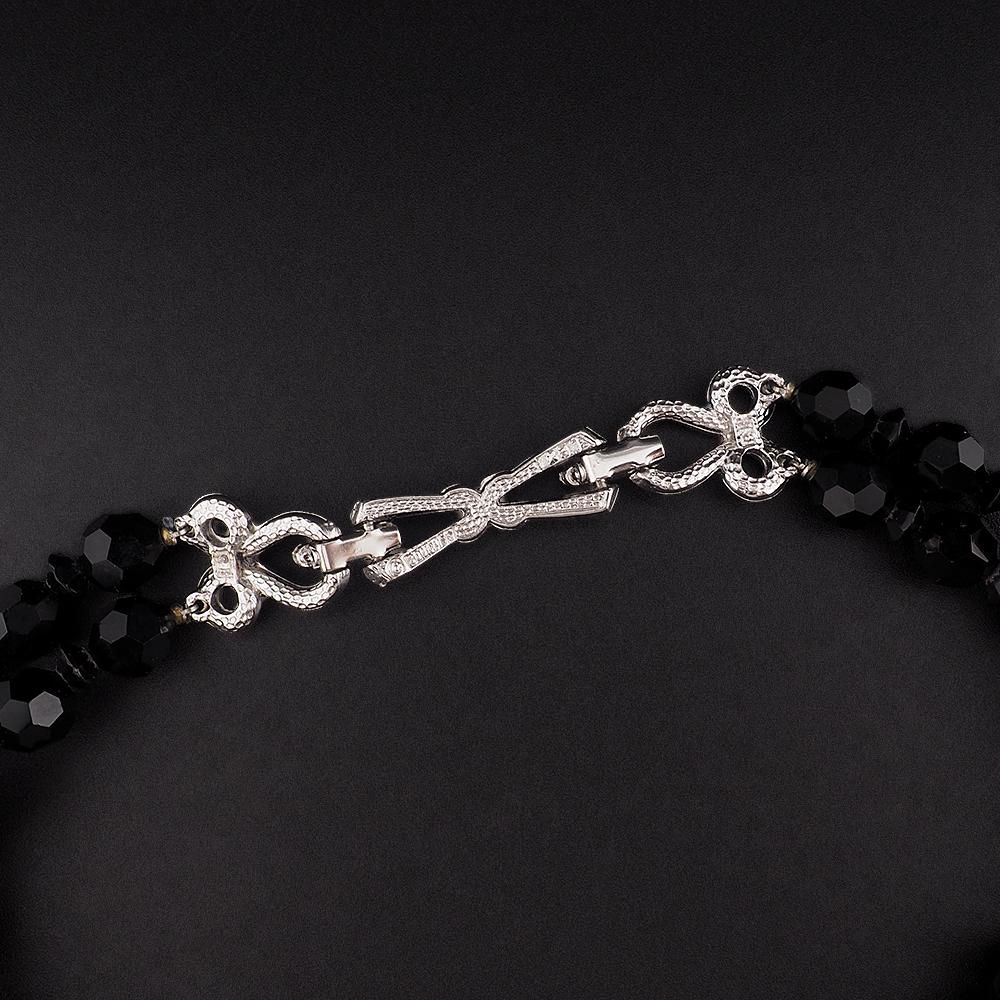 Vintage Boucher Black Glass Bead Necklace With Sparkling Rhinestone Centerpiece Multi Strand Designer Costume Jewelry