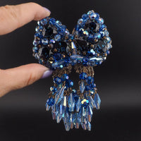 Massive Vintage Blue Rhinestone Brooch Earring Set Unsigned Designer Wired Dangle Butterfly Bow Statement Set