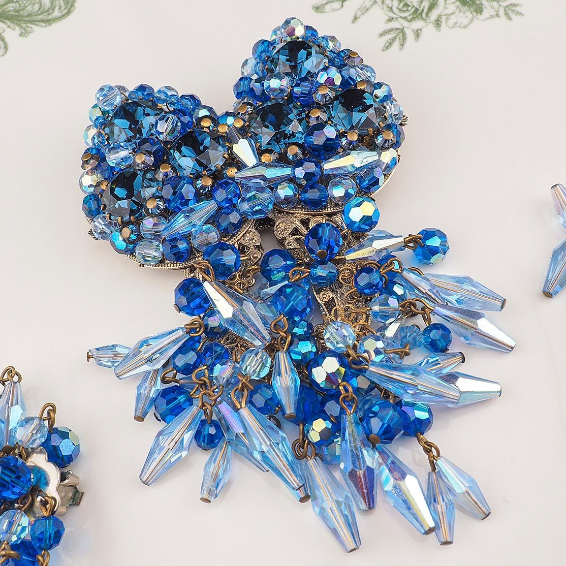 Massive Vintage Blue Rhinestone Brooch Earring Set Unsigned Designer Wired Dangle Butterfly Bow Statement Set