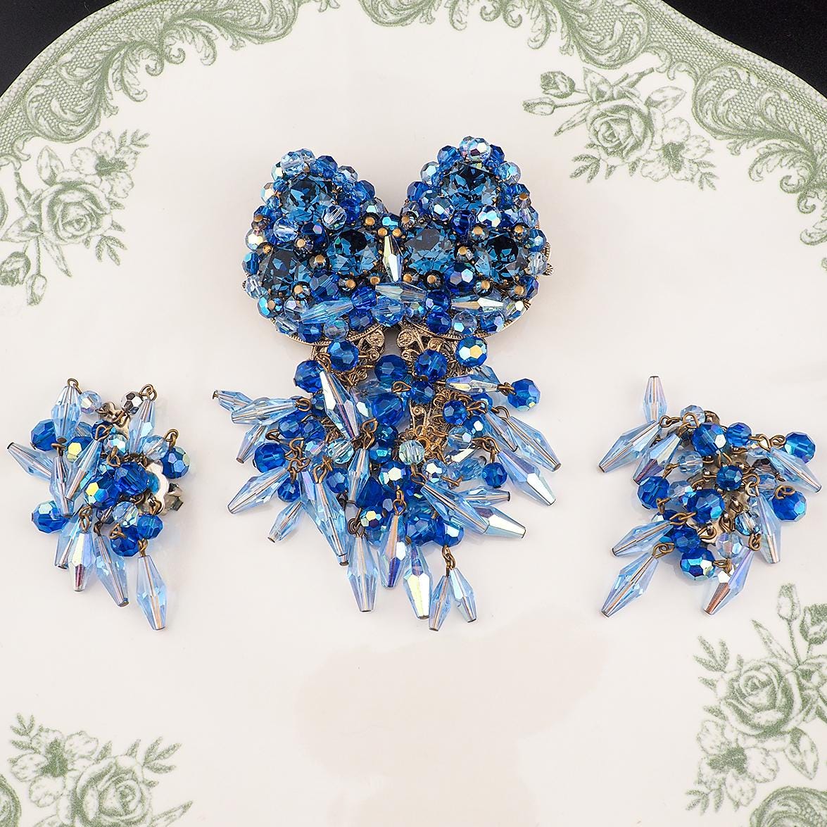 Massive Vintage Blue Rhinestone Brooch Earring Set Unsigned Designer Wired Dangle Butterfly Bow Statement Set