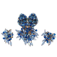 Massive Vintage Blue Rhinestone Brooch Earring Set Unsigned Designer Wired Dangle Butterfly Bow Statement Set