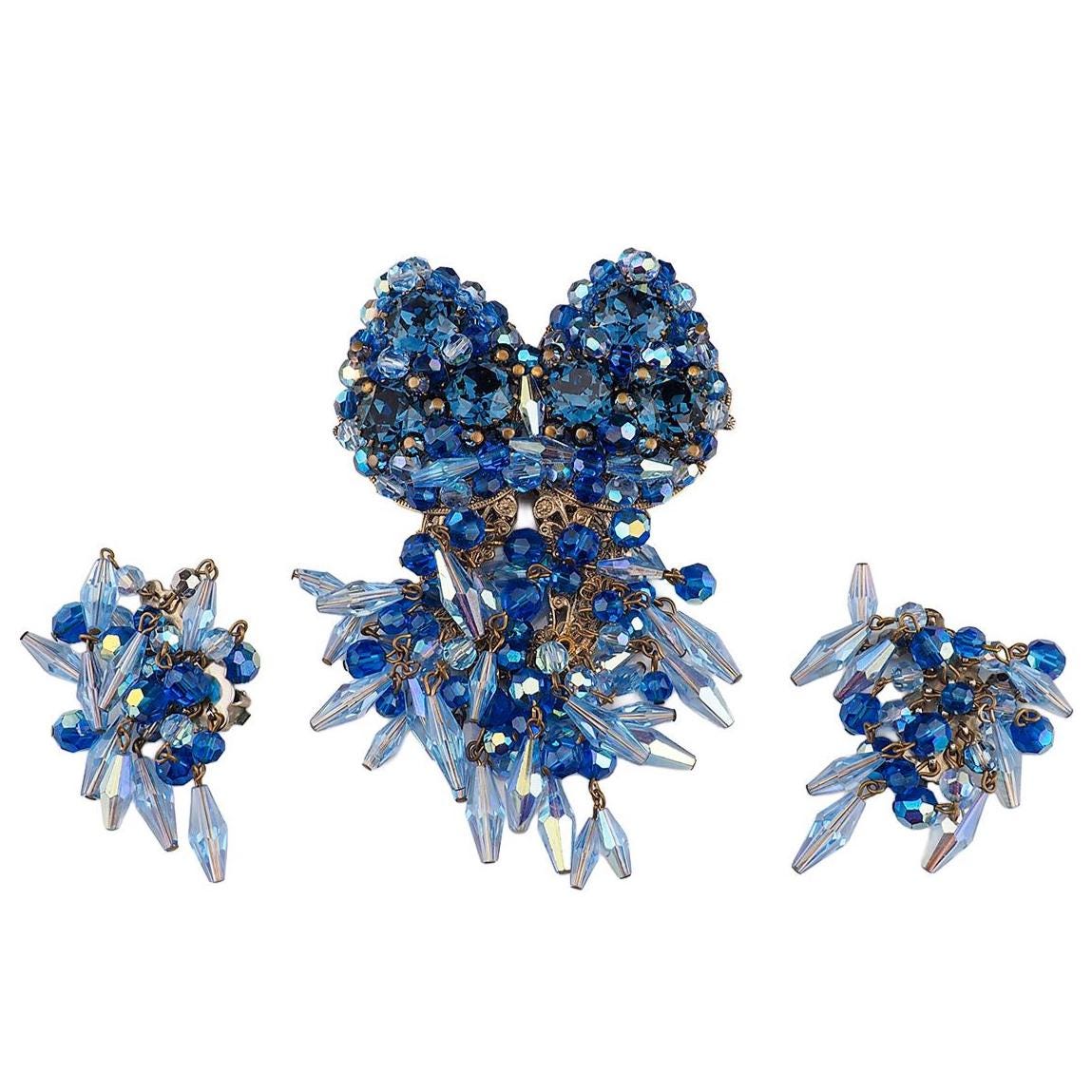 Massive Vintage Blue Rhinestone Brooch Earring Set Unsigned Designer Wired Dangle Butterfly Bow Statement Set