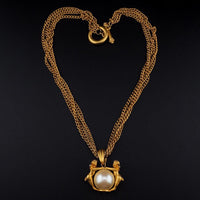Vintage Cherub Faux Pearl Pendant Necklace – Matte Antiqued Gold Tone – 19 Inch