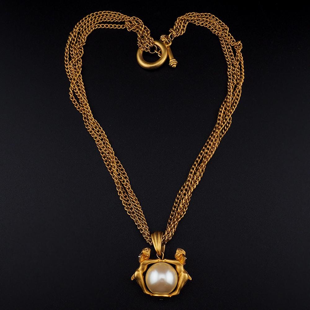 Vintage Cherub Faux Pearl Pendant Necklace – Matte Antiqued Gold Tone – 19 Inch