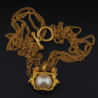 Vintage Cherub Faux Pearl Pendant Necklace – Matte Antiqued Gold Tone – 19 Inch