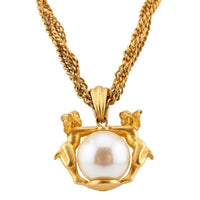 Vintage Cherub Faux Pearl Pendant Necklace – Matte Antiqued Gold Tone – 19 Inch