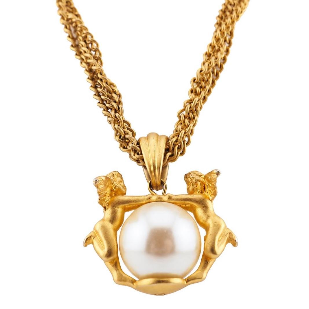 Vintage Cherub Faux Pearl Pendant Necklace – Matte Antiqued Gold Tone – 19 Inch