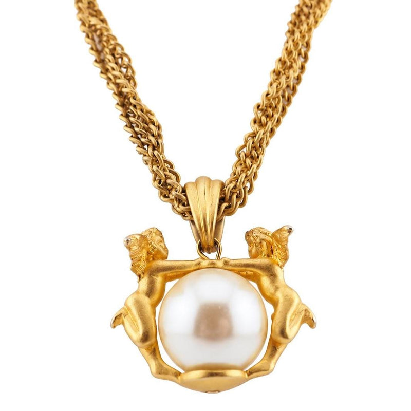 Vintage Cherub Faux Pearl Pendant Necklace – Matte Antiqued Gold Tone – 19 Inch