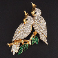 Vintage D'Orlan Figural Rhinestone Bird Brooch – Double Cockatoo Clear Crystal Gold Plated Pin - Boucher Design