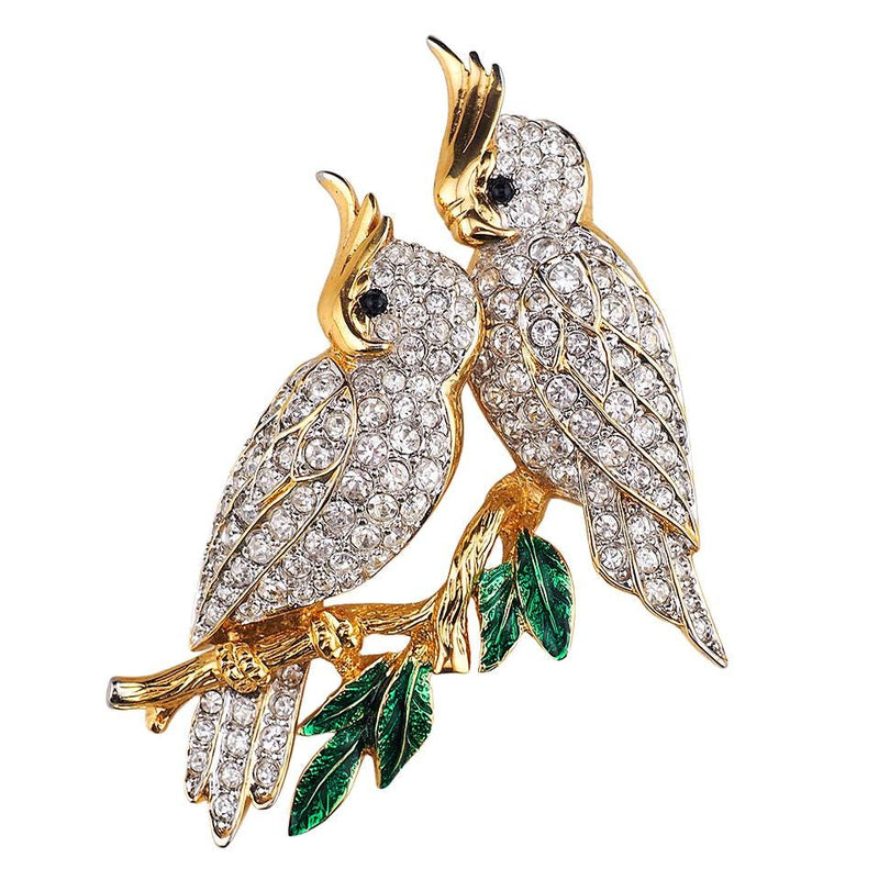 Vintage D'Orlan Figural Rhinestone Bird Brooch – Double Cockatoo Clear Crystal Gold Plated Pin - Boucher Design