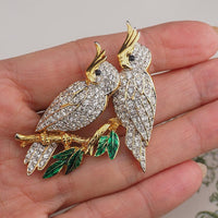 Vintage D'Orlan Figural Rhinestone Bird Brooch – Double Cockatoo Clear Crystal Gold Plated Pin - Boucher Design