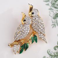 Vintage D'Orlan Figural Rhinestone Bird Brooch – Double Cockatoo Clear Crystal Gold Plated Pin - Boucher Design